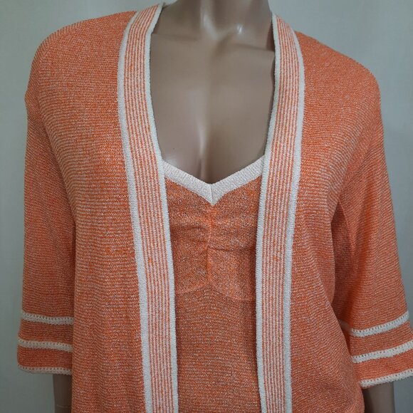 Vintage 70s Long Sweater Dress Cardigan 2 Piece Set Orange White Striped Size M - Picture 5 of 10